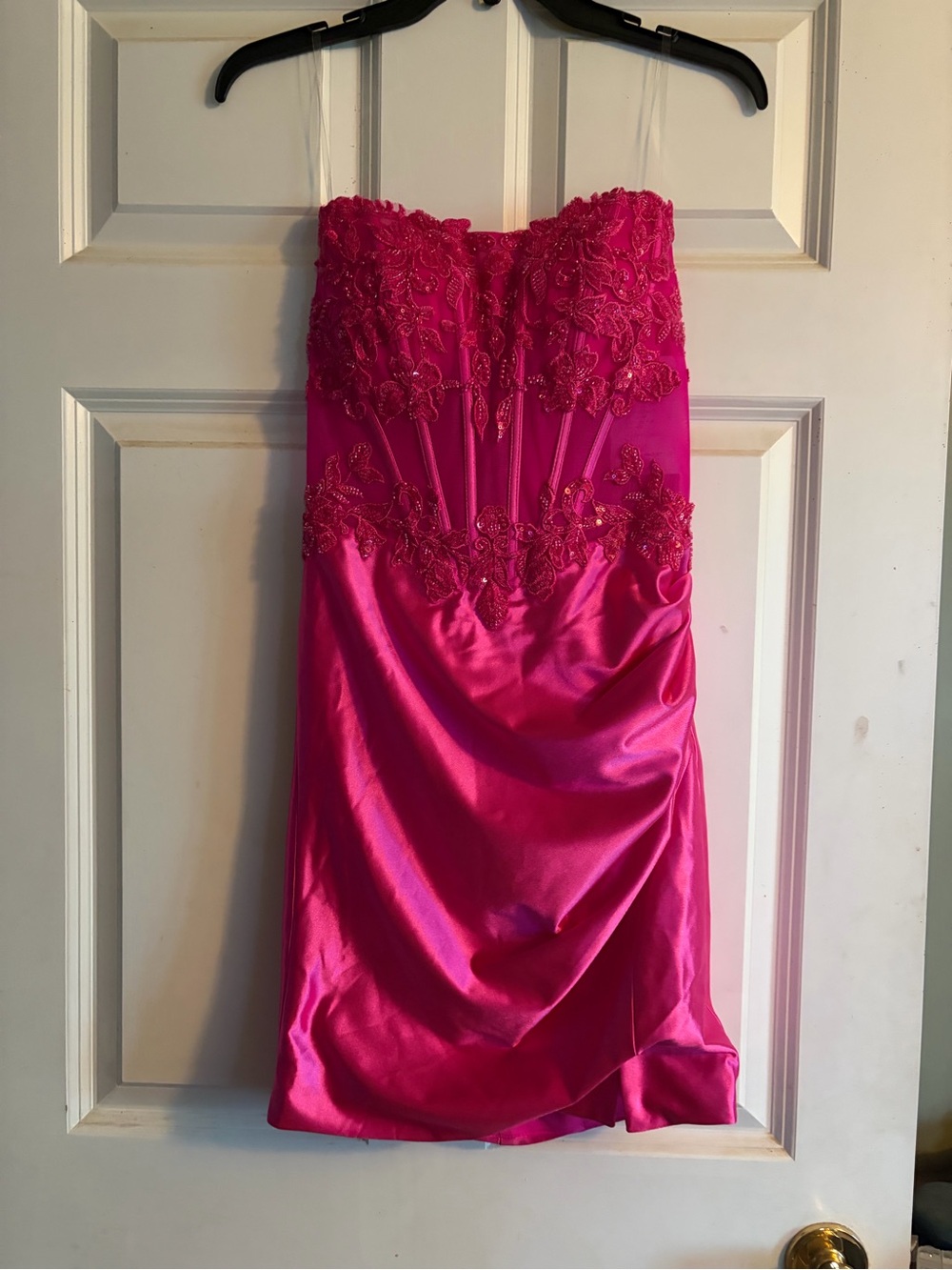 Strapless Beaded Satin Mini Dress — Hot Pink